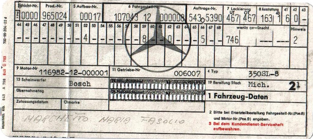 Fabryczna karta Datenkarte klasycznego Mercedesa 350 SL (R107) - numery nadwozia, silnika i skrzyni potwierdzające oryginalność auta. Fot. A. Beyer, CC BY-SA 3.0